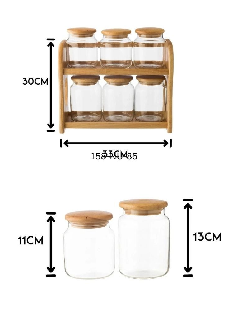 بريميم رف توابل خشبي مع أوعية زجاجية – مجموعة من ستة برطمانات لتخزين أدوات المطبخ - Image 3
